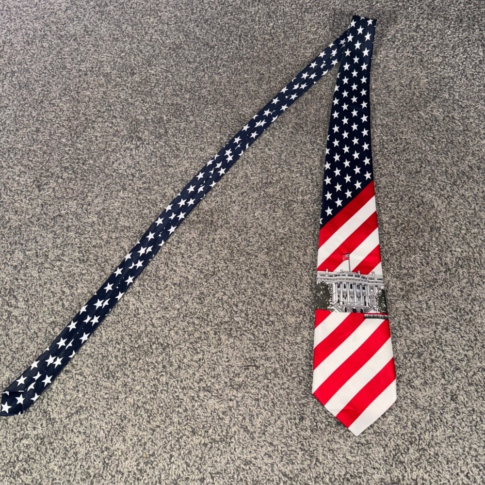 Tie Mania Necktie Mens OS Blue‎ Red Excellent American Flag White House USA Tie